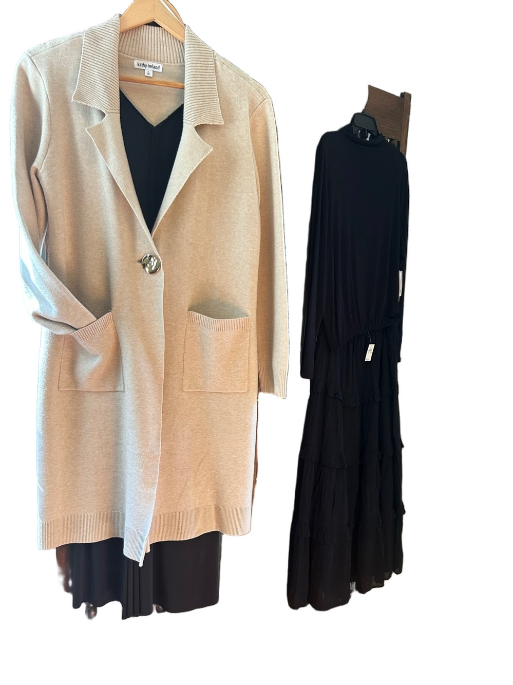 One Button Knit Sweater Lapel Long Coat Cardigan Front Pockets in Soft Beige